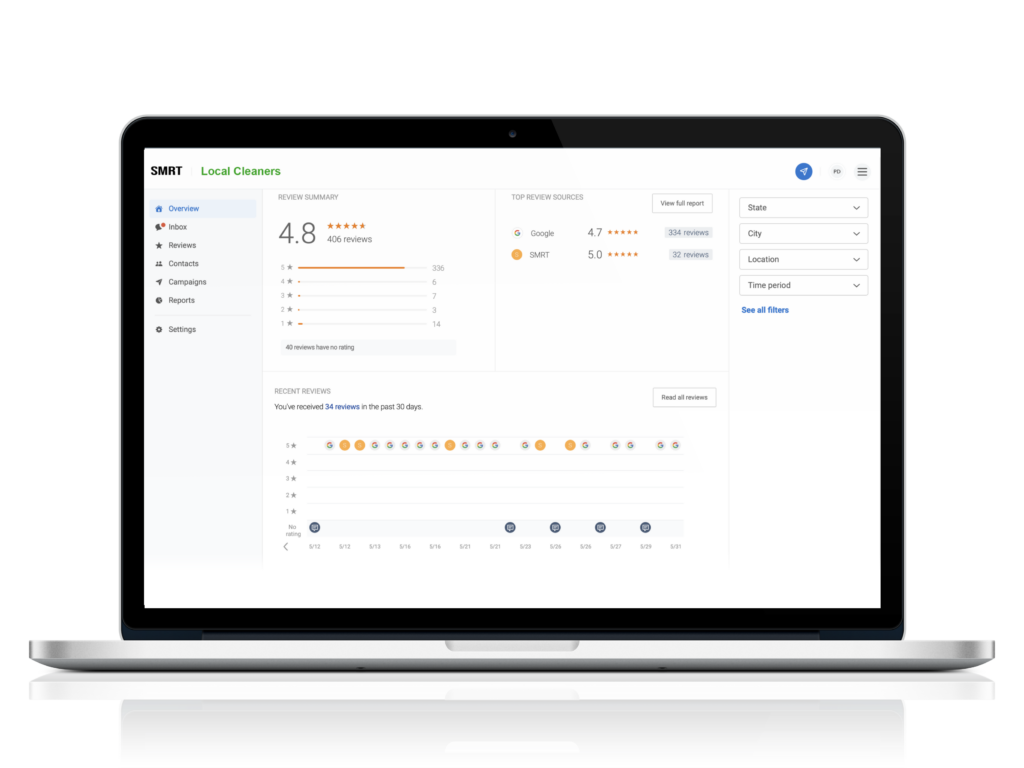 Screen simulation of review management back end for dry cleaners